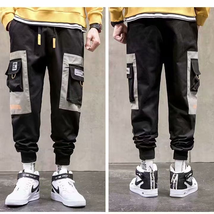 Cargo Pants Men Black Hip hop Pants Joggers Harem Pants Elastic waist Loose Baggy Korean Style Ankle length Trousers