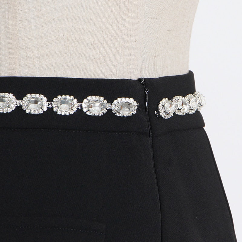 TWOTWINSTYLE Patchwork Diamonds Two Piece Set For Women Puff Sleeves Crop Top Blazer High Waist Skirts Female 2021 Summer New