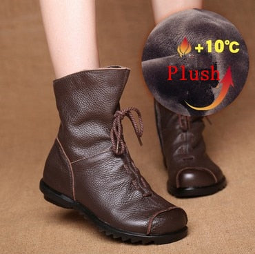 JIANBUDAN/ Genuine Leather Plush women&#39;s short Boots Retro Casual Autumn Winter Women&#39;s Boots Waterproof leather warm Snow boots