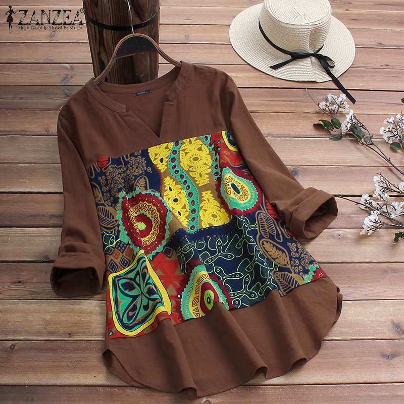 2022 ZANZEA Casual Cotton Blouse Women V Neck Long Sleeve Tunic Tops Autumn Vintage Printed Patchwork Loose Shirts Female Blusas