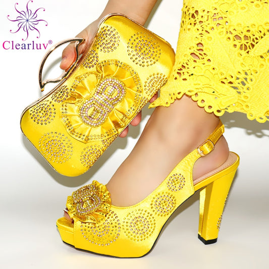 yellow Latest Design African Women Wedding Shoes and Bag Set Decorated with Rhinestone Luxury Shoes Women Party Pumps