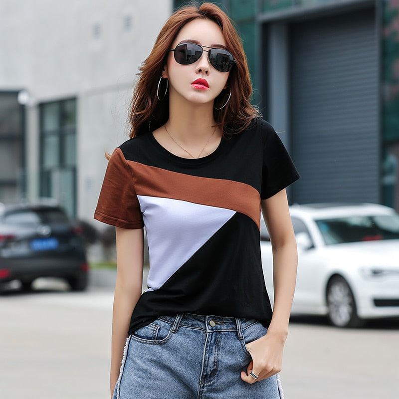 Slim Shirt 2021 Summer The New Fashion Women Short Shirt Stitching Shirt Round Neck Short Sleeve Women Tops and Blouse 2575 50