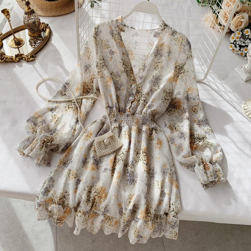 2019 new fashion women&#39;s French dress female temperament V-neck long-sleeved chiffon floral dresses