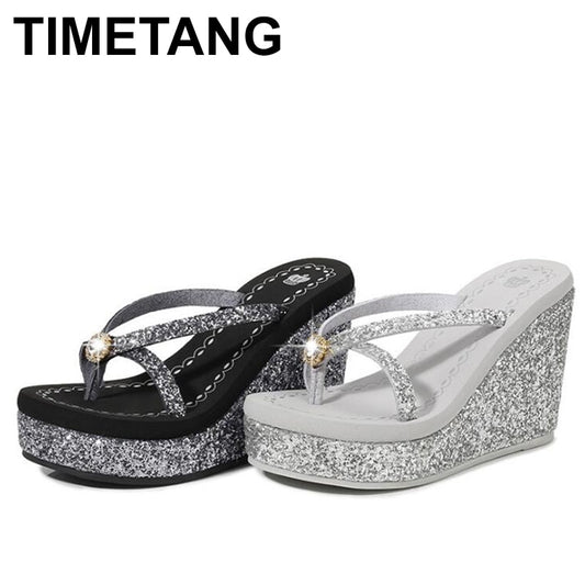 TIMETANGSummer platform women shoes beach sandals rhinestones sequins slope with flip flops breathable shiny wedges women