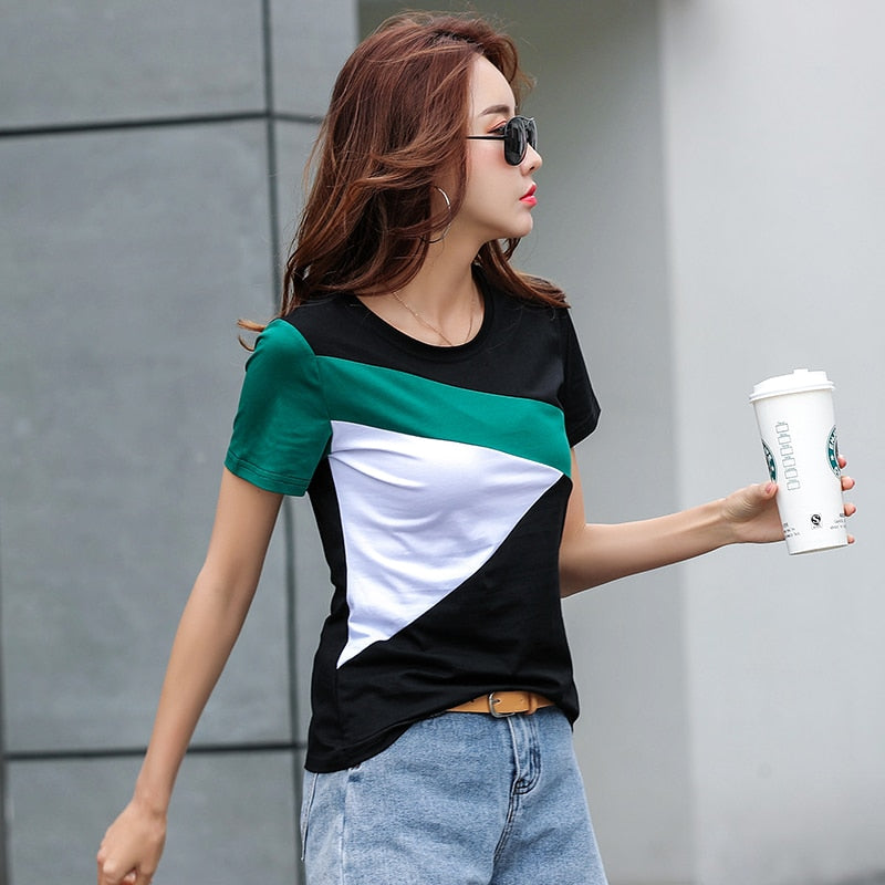 Slim Shirt 2021 Summer The New Fashion Women Short Shirt Stitching Shirt Round Neck Short Sleeve Women Tops and Blouse 2575 50