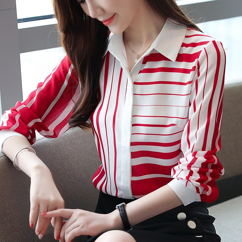 Long Sleeve Women Blouses Shirts Blouse Women 2021 Turn Down Collar Office Blouse For Women Striped Chiffon Blouse Shirt B648