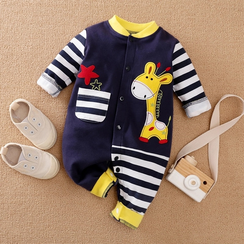 PatPat New Arrival Autumn and Winter Baby Boy Girl Cute Giraffe Embroidery Stripe Design Long-sleeve Jumpsuit Baby Clothing