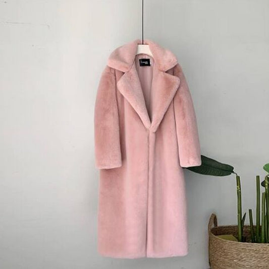 2021 New Women Winter Warm Faux Fur Coat Thick Women Long Coat Turn Down Collar Women Warm Coat With Belt Casaco Feminino