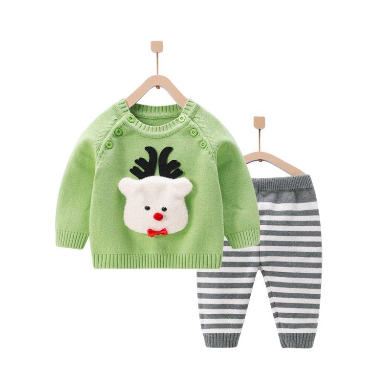 2022 New Autumn Winter Boutique Baby Clothing Sets Lovely Cartoon Pullover Sweater+Striped Pants Infant Boys Girls Sweater Suit