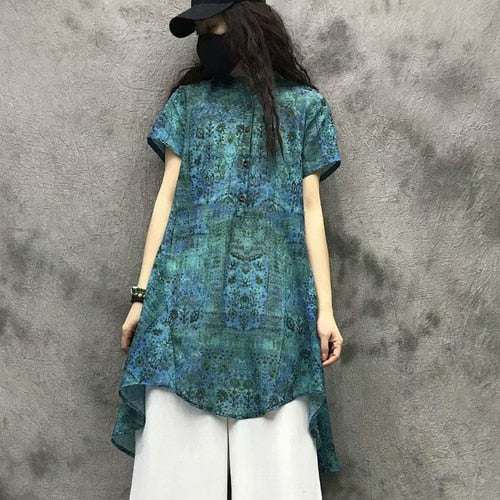 Summer 2019 women's new vintage ramie digital printing short sleeve T-shirt women's irregular long jacket women