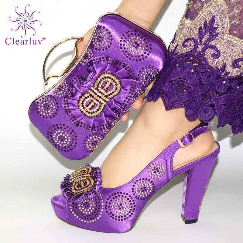 yellow Latest Design African Women Wedding Shoes and Bag Set Decorated with Rhinestone Luxury Shoes Women Party Pumps