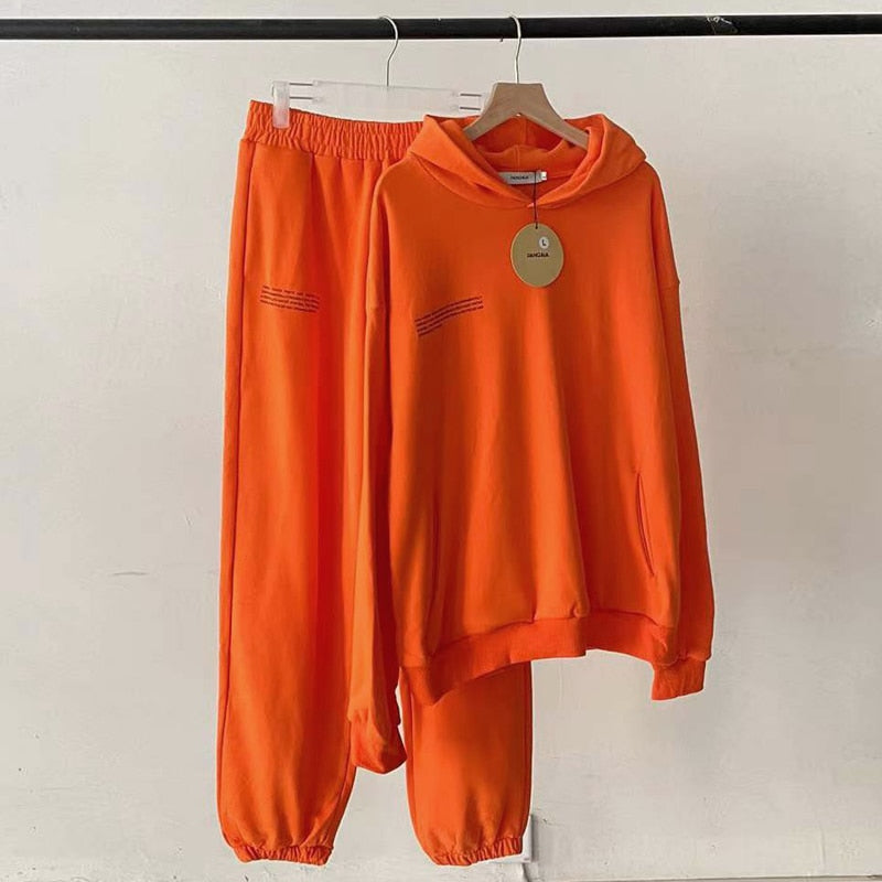 Solid Cotton Hooded Sweatshirts Hoodies Track Pants Joggers Women Tracksuits Two Piece Sets Sweatpants Sweatsuits Spring Female