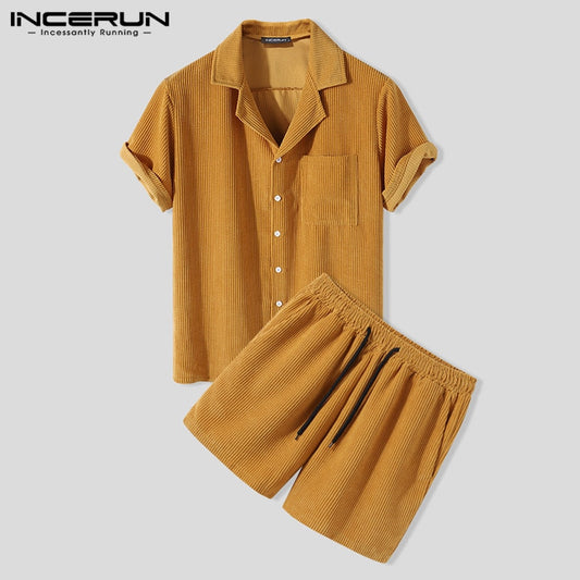 Men Fashion Solid Sets INCERUN Short Sleeve Lapel Shirts Drawstring Shorts Suits Leisure Curduroy Suits Vinatge Mens Sets S-5XL
