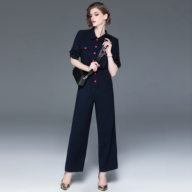 Women&#39;s 2019 autumn new fashion lapel cropped sleeves autumn section jumpsuit