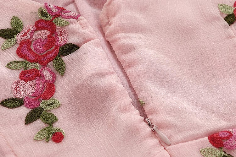 2020 New Fashion Summer Women's Sweet V Collar Flowers Embroidered Pink Chiffon Dress Slim Flare Sleeve Girls Short Dresses