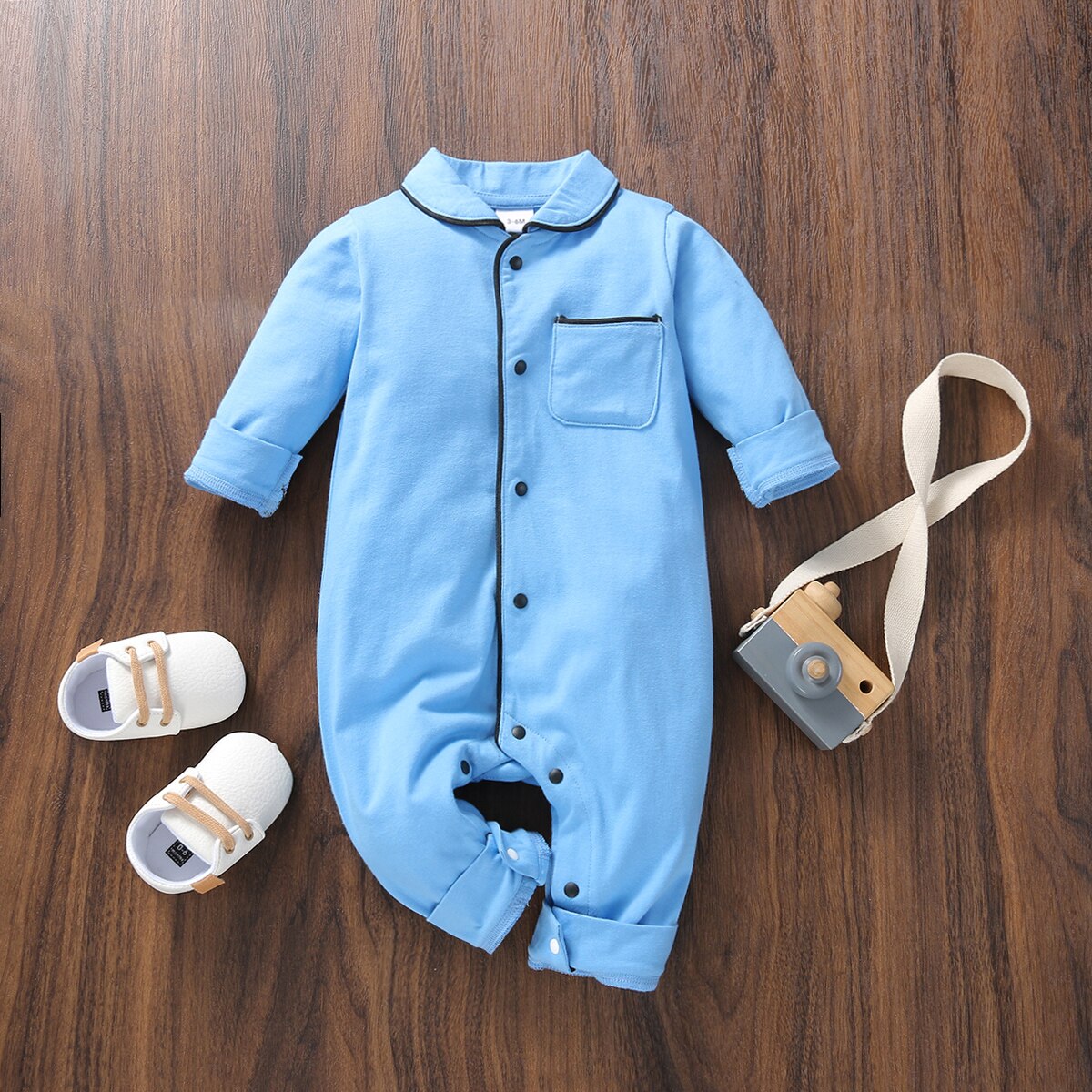 PatPat New Spring Autumn Baby Boy Girl Newborn Cotton Solid Polo Collar Cardigan Pocket Design Long-sleeve Jumpsuit