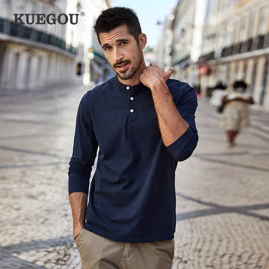KUEGOU Cotton clothing autumn Men&#39;s polo shirts Long Sleeve fashion embroidery polos men high quality  top plus size ZT-88085