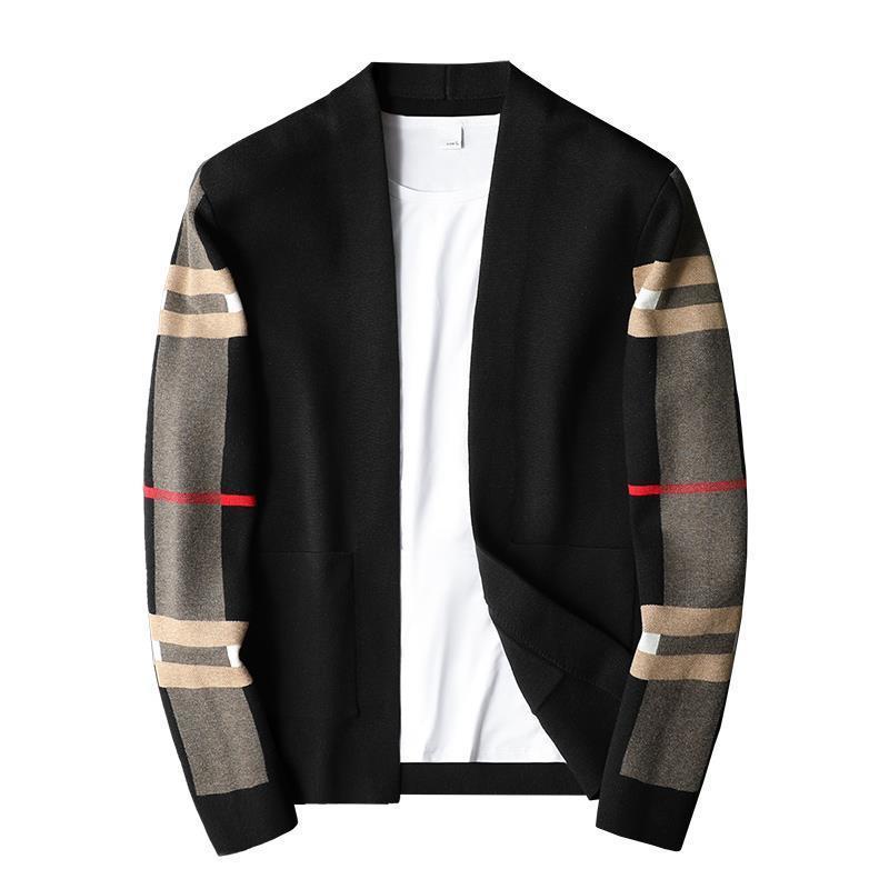 European and American luxury spring and autumn men&#39;s classic Plaid knitted cardigan sweater casual large Long Sleeve Jacket