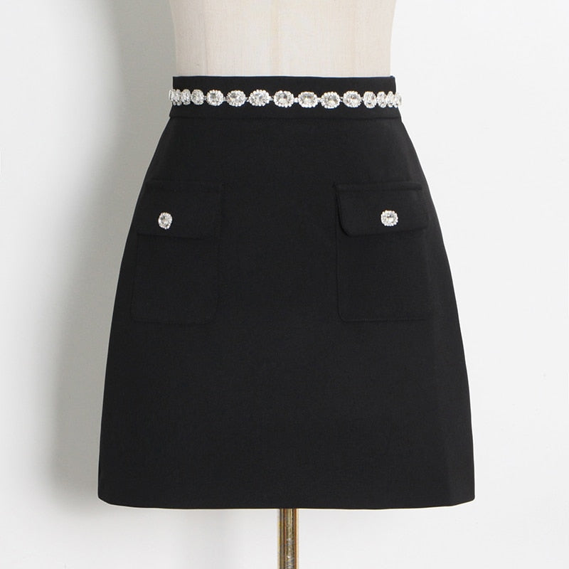 TWOTWINSTYLE Patchwork Diamonds Two Piece Set For Women Puff Sleeves Crop Top Blazer High Waist Skirts Female 2021 Summer New