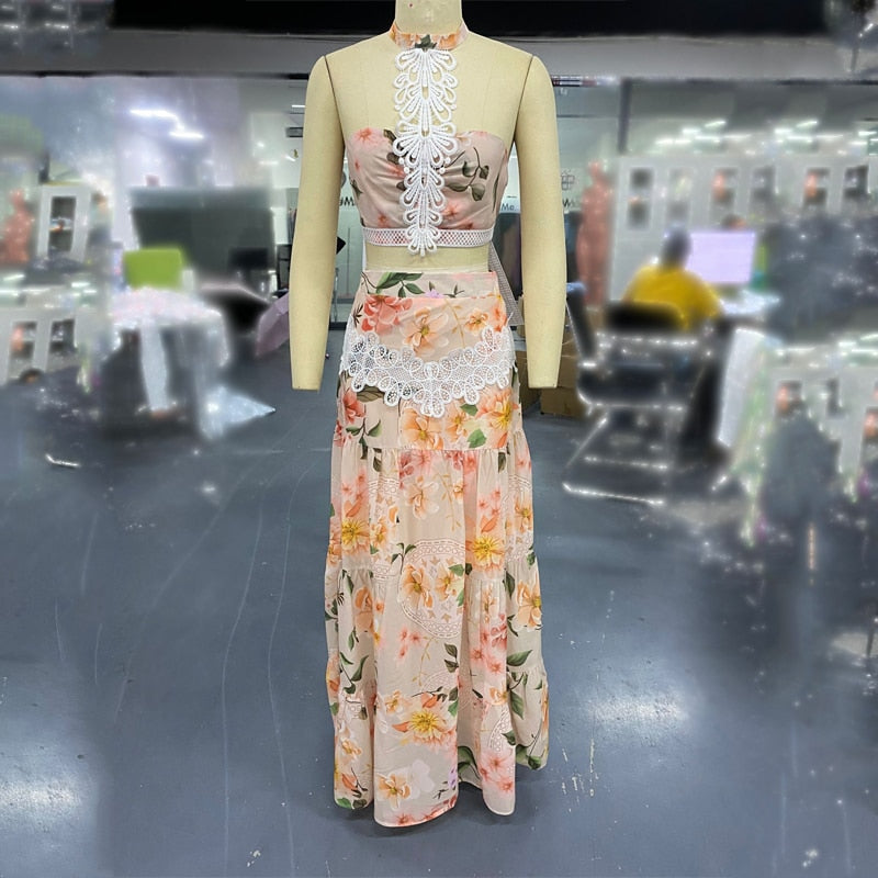 Fashion Women Two Piece Set Party Wear Floral Lace Hem Cropped Top &amp; Maxi Skirt Sets