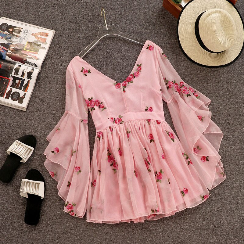 2020 New Fashion Summer Women's Sweet V Collar Flowers Embroidered Pink Chiffon Dress Slim Flare Sleeve Girls Short Dresses