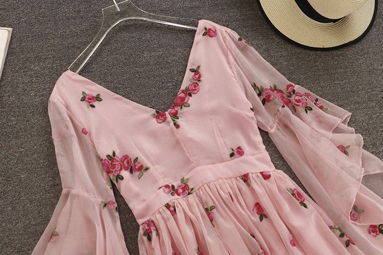 2020 New Fashion Summer Women's Sweet V Collar Flowers Embroidered Pink Chiffon Dress Slim Flare Sleeve Girls Short Dresses