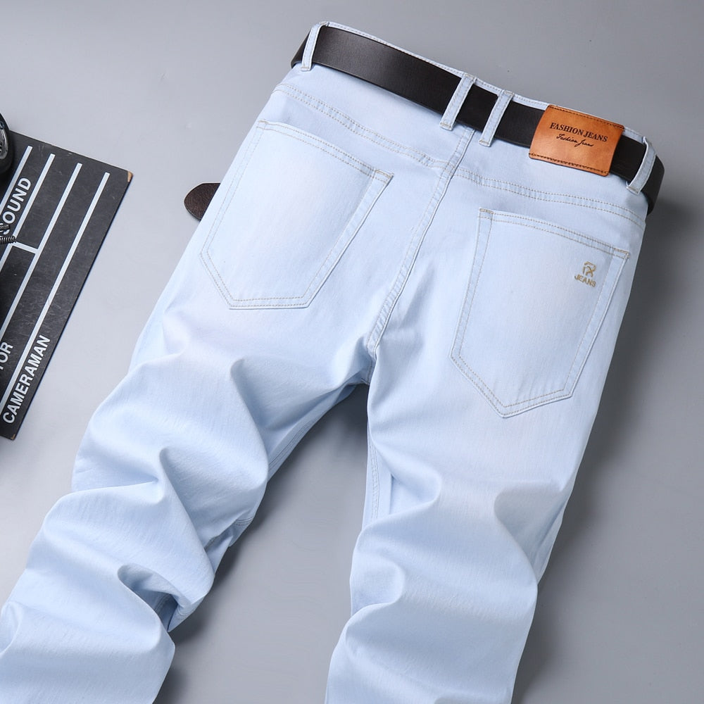 2020 New Autumn Men&#39;s Loose Straight Stretch Jeans Fashion Casual Classic Style Cotton Denim Sky Blue Pants Male Brand Trousers