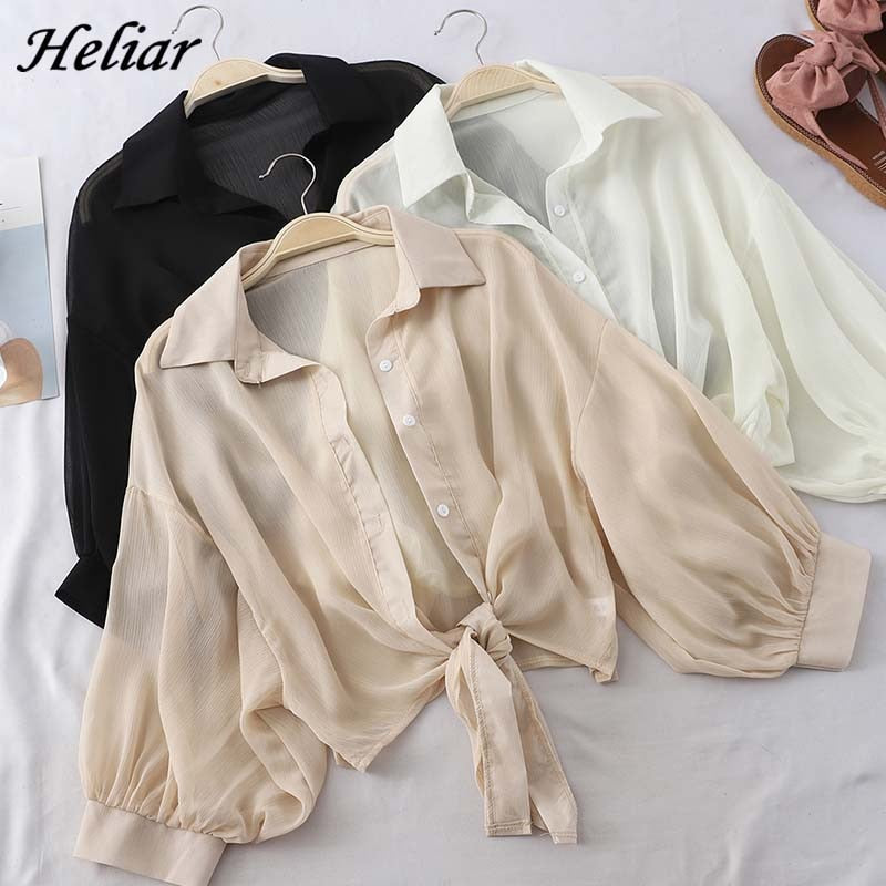 HELIAR Women blusa feminina Buttoned Up Shirts Women Office Lady Blouse Tied Waist Tops OL Blouses Shirts Women 2021 Summer