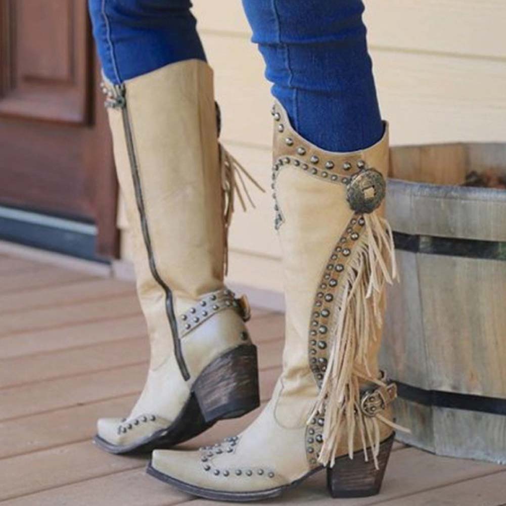 2022 New Fashion Autumn Ethnic Vintage Tassled Knight Boots Woman Shoes Riveting Nail Zip Popular Shoes Ladies Boots Female