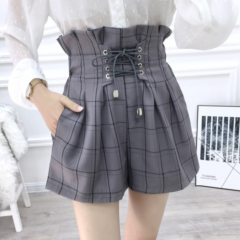 HELIAR 2022 Spring Women Plaid Shorts Elastic Waist Drawstring Wide Leg Shorts With Saches High Waist Shorts For Women