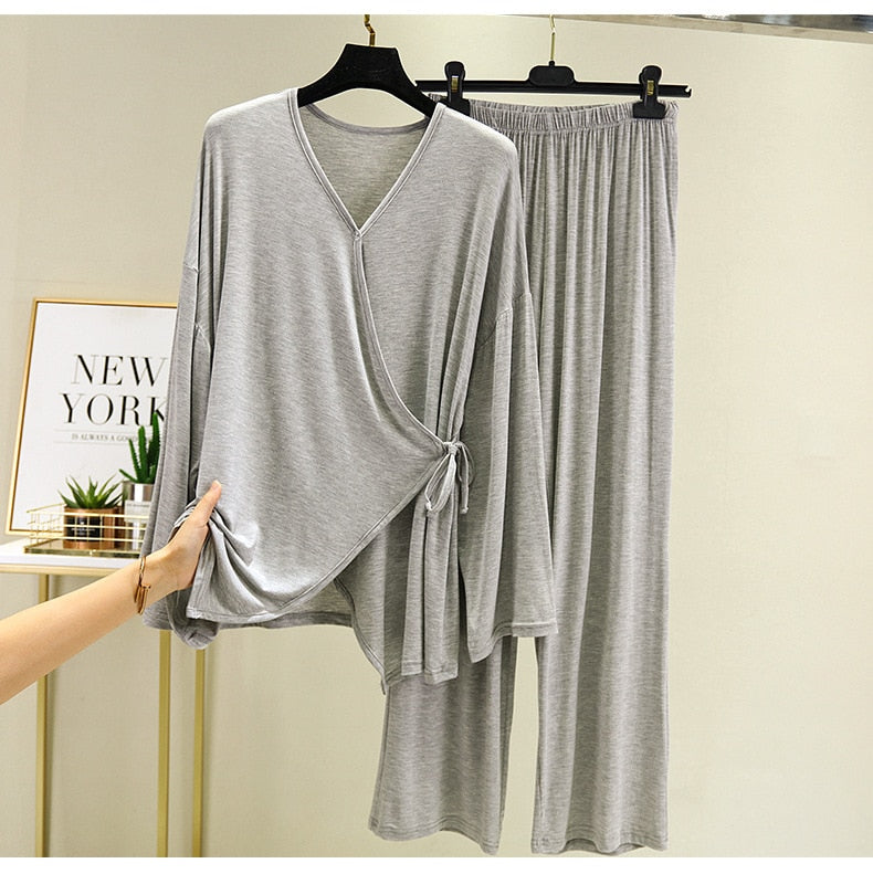 Fdfklak 2 Piece Set Pink/Gray Home Suit For Women Modal Home Cloth Loose Women&#39;s Pajamas Set Female Homewear Suit 2020 New