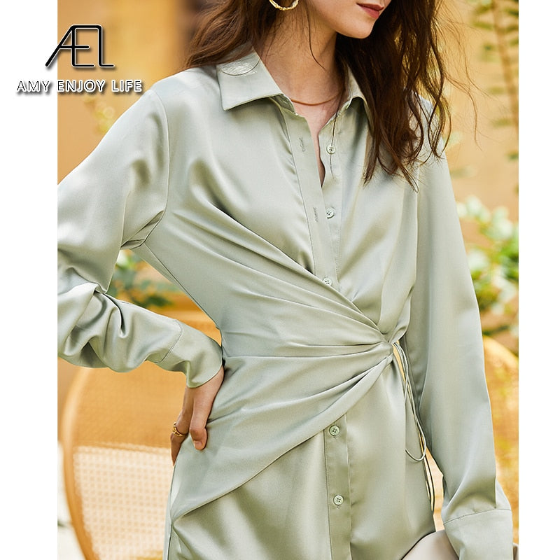 AEL lace up satin robe dress casual loose ladies Single breasted long shirt dress