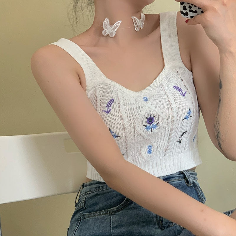 HELIAR Women Flower Embroidery Knitted Crop Tops Women Casual Tube Tops Casual Ribbed Cute Tops Crop Tops Women 2021 Summer