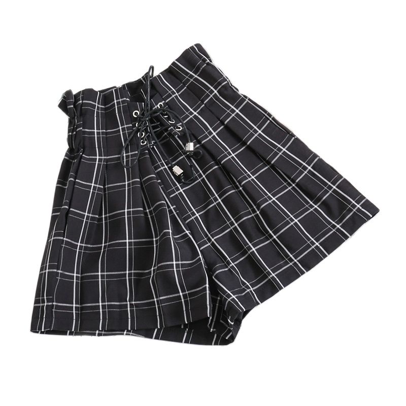 HELIAR 2022 Spring Women Plaid Shorts Elastic Waist Drawstring Wide Leg Shorts With Saches High Waist Shorts For Women
