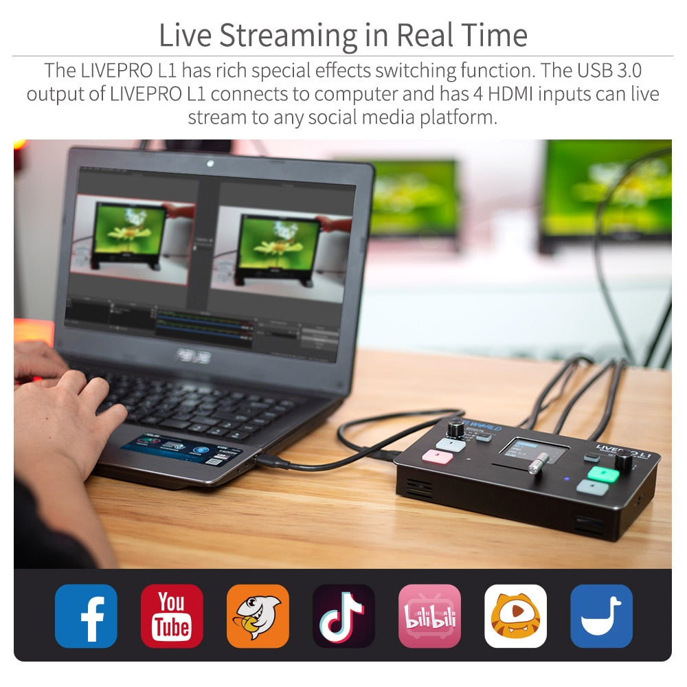 FEELWORLD LIVEPRO L1 Multi-format Video Mixer Switcher 4 HDMI Inputs Multi Camera Production USB3.0 For Live Streaming Youtube