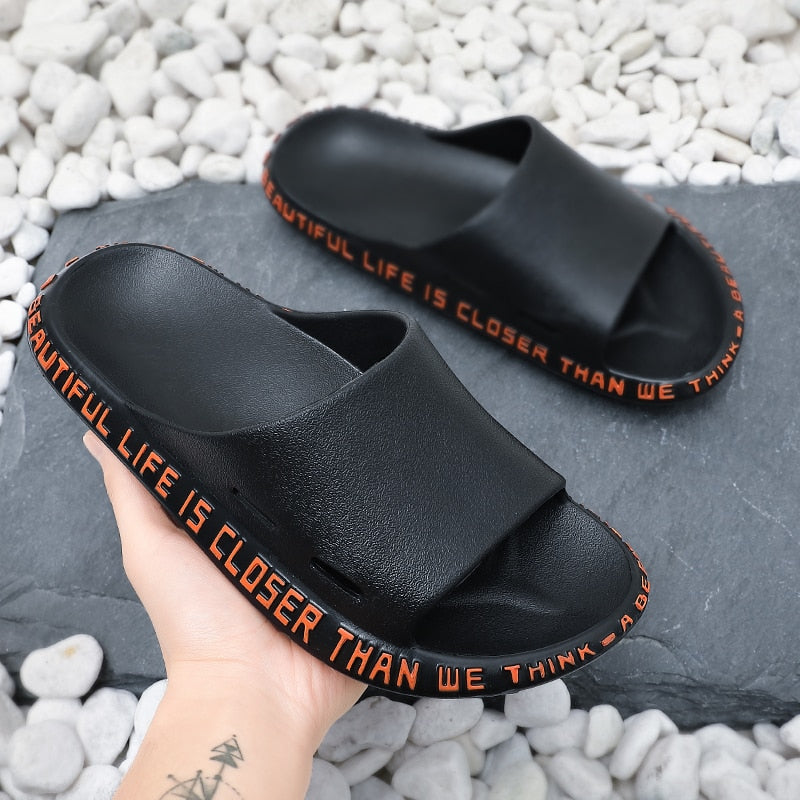 Summer Women Men Slippers Beach Slide Sandals Cute Words Alphabet Non-Slip Soft Sole Couple Ladies Home Outdoor Bathroom Shoes