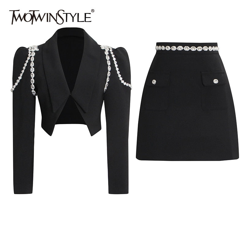 TWOTWINSTYLE Patchwork Diamonds Two Piece Set For Women Puff Sleeves Crop Top Blazer High Waist Skirts Female 2021 Summer New