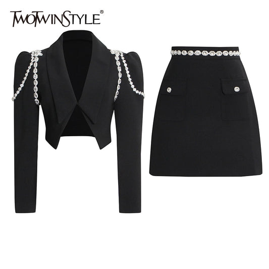 TWOTWINSTYLE Patchwork Diamonds Two Piece Set For Women Puff Sleeves Crop Top Blazer High Waist Skirts Female 2021 Summer New