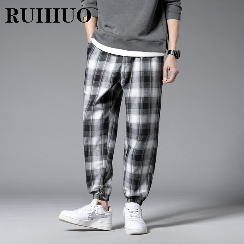RUIHUO Ankle-Length Plaid Harem Pants Men Clothing Joggers Men Pants Trousers Japanese Fashion Grey Sweatpants M-3XL 2022