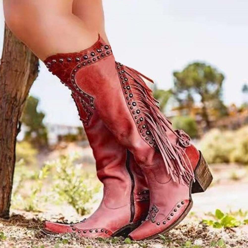 2022 New Fashion Autumn Ethnic Vintage Tassled Knight Boots Woman Shoes Riveting Nail Zip Popular Shoes Ladies Boots Female