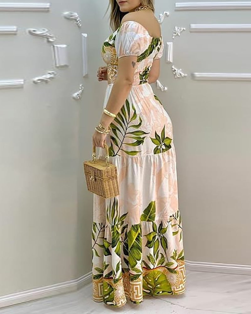 Fashion Ladies Tropical Print Hollow-out Design Off Shoulder V Neck Boho Maxi Dress Summer Casual Women&#39;s Long Dresses Holiday