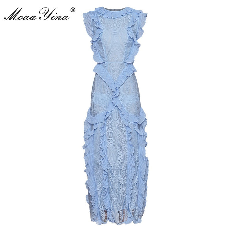 MoaaYina Fashion Designer dress Spring Summer Women&#39;s Dress Sleeveless Lace Patchwork Ruffles Elegant Party Slim Dresses