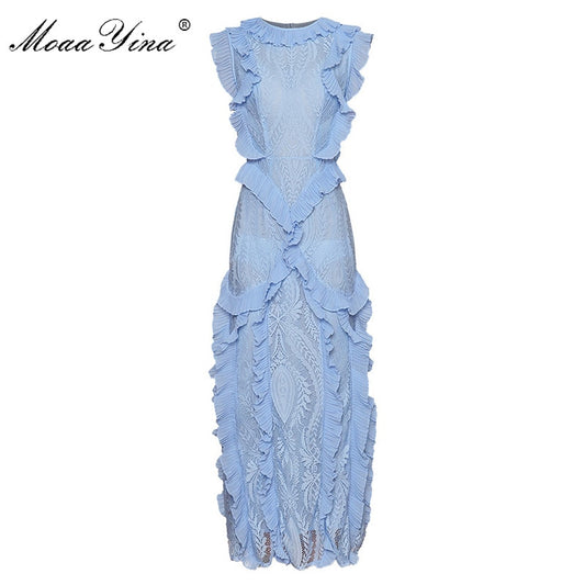 MoaaYina Fashion Designer dress Spring Summer Women's Dress Sleeveless Lace Patchwork Ruffles Elegant Party Slim Dresses