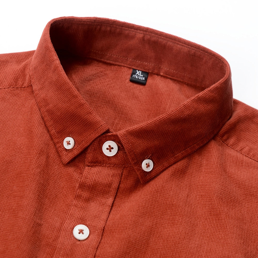 Casual Pure Cotton Corduroy Men Shirt Long Sleeve Brown Thick Winter XXL Regular Fit New Model Male Button Down Blouse