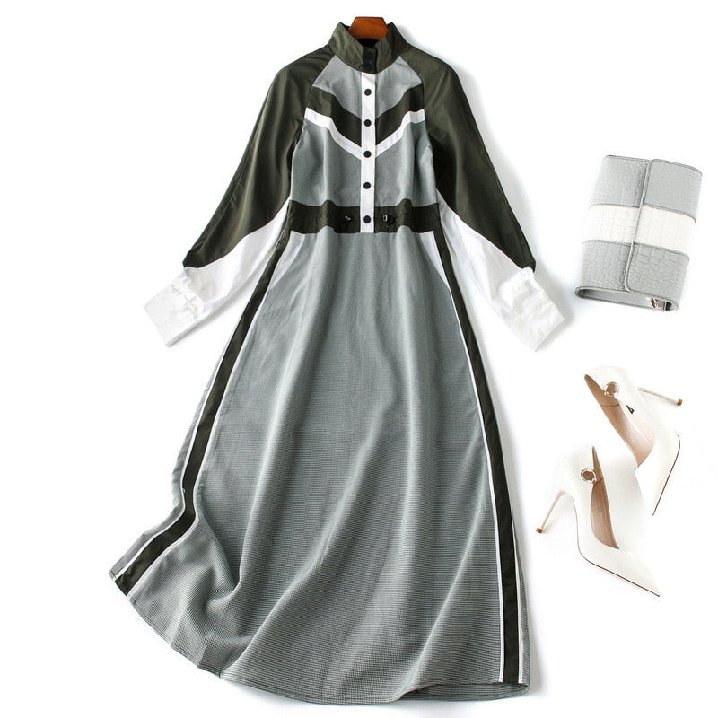 Fashion mosaic dress autumn 2019 stand collar single-breasted mid-length houndstooth A-line dresses