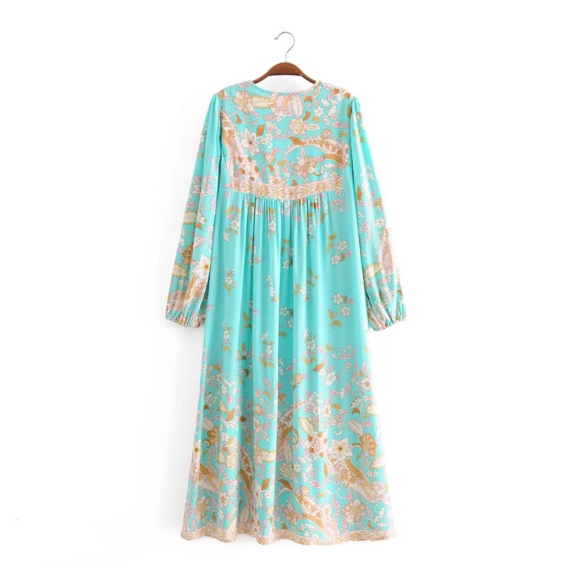 BOHO Mint Green Tassel Lacing up V neck Location Flower Print Long Dress Hippie Woman Strappy Long Sleeve Holiday Dresses Beach