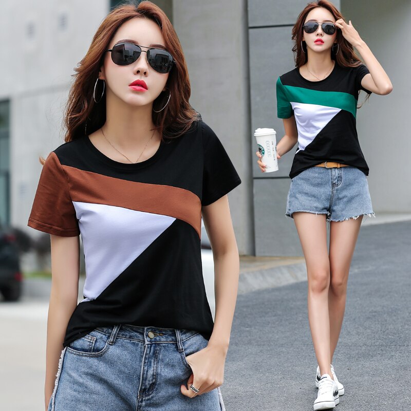 Slim Shirt 2021 Summer The New Fashion Women Short Shirt Stitching Shirt Round Neck Short Sleeve Women Tops and Blouse 2575 50