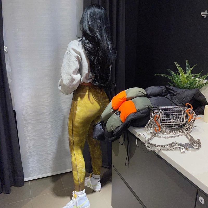 Tie Dye Print Sporty Skinny Leggings For Women High Waist Casual Wear Athleisure Pants Patchwork Slim Fashion Leggins