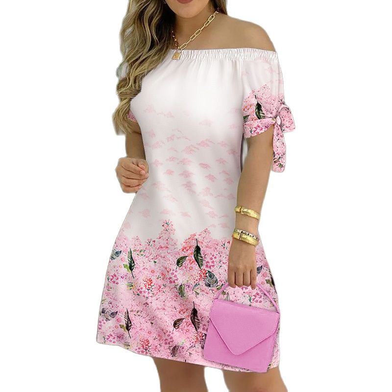 Women Fashion Off Shoulder Floral MIni Dress Female Sexy Cocktail Party Dress Tied Sleeve Short Dress