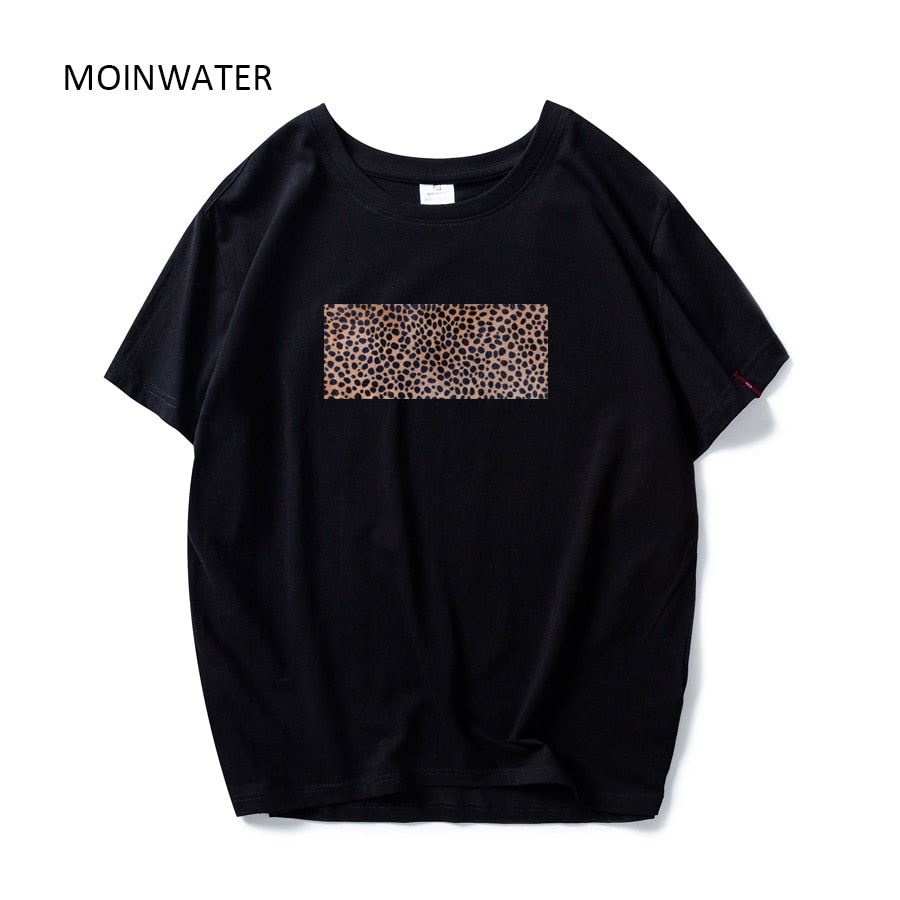 MOINWATER New Women Fashion Leopard Print T shirts White Black Cotton Streetwear T-shirts Lady Casual Tees&amp;Tops MT1964
